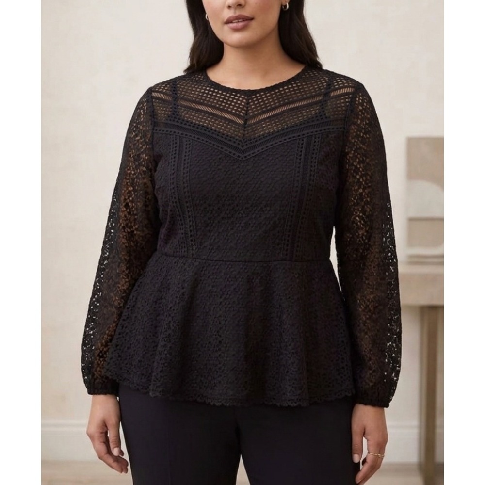 Lane Bryant Womens‎ Black Crochet Lace Peplum Blouse Sheer Long Sleeve Size 20